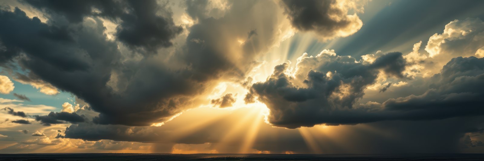 Golden sunlight shines through dark clouds in the sky